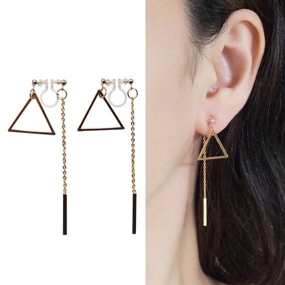 Dangle Triangle Invisible Clip on Earrings Double Sided Gold Clip on Earrings Dangle Non Pierced Earrings Gold Bar Clip Earrings Etsy Canada