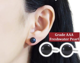 Freshwater Pearl Clip On Earrings, High Quality Grade AAA, 8 mm Black Pearl Invisible Clip On Stud Earrings, Non Pierced Earrings