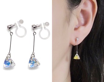 Swarovski Crystal Clip On Earrings Dangle. Triángulo nupcial Aurora Borealis Rhinestone Invisible Clip On Earrings Silver, Non Pierced Earring