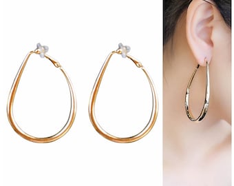 Clip On Earrings Gold Hoop Thick | Teardrop Chunky Clip On Hoop Earrings｜Non Pierced Ears | Invisible Large Clip On Hoop Earrings