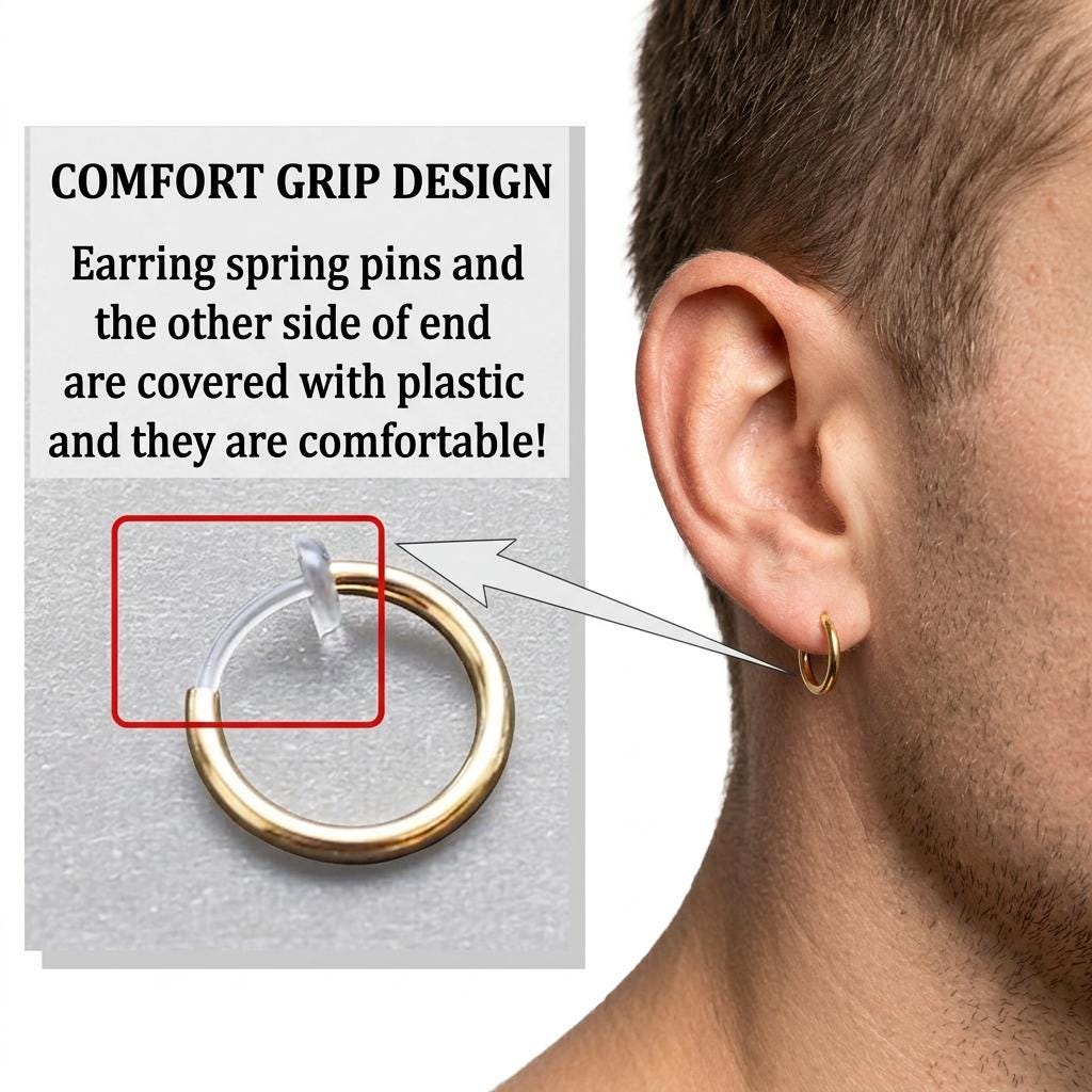 Comfortable Silver Clip on Hoop Earrings for Men, Fake Piercing