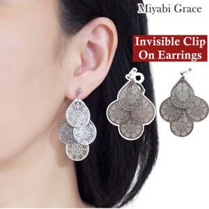 Baumeln Ohrclips, Silber Unsichtbare Ohrclips, Gold Filigrane Ohrclips, Nicht durchbohrte Ohrringe, Teardrop Ohrclips