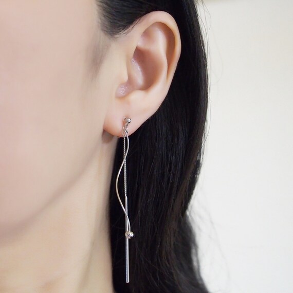 Silver Wave Bar Invisible Clip on Earrings Dangle / Non