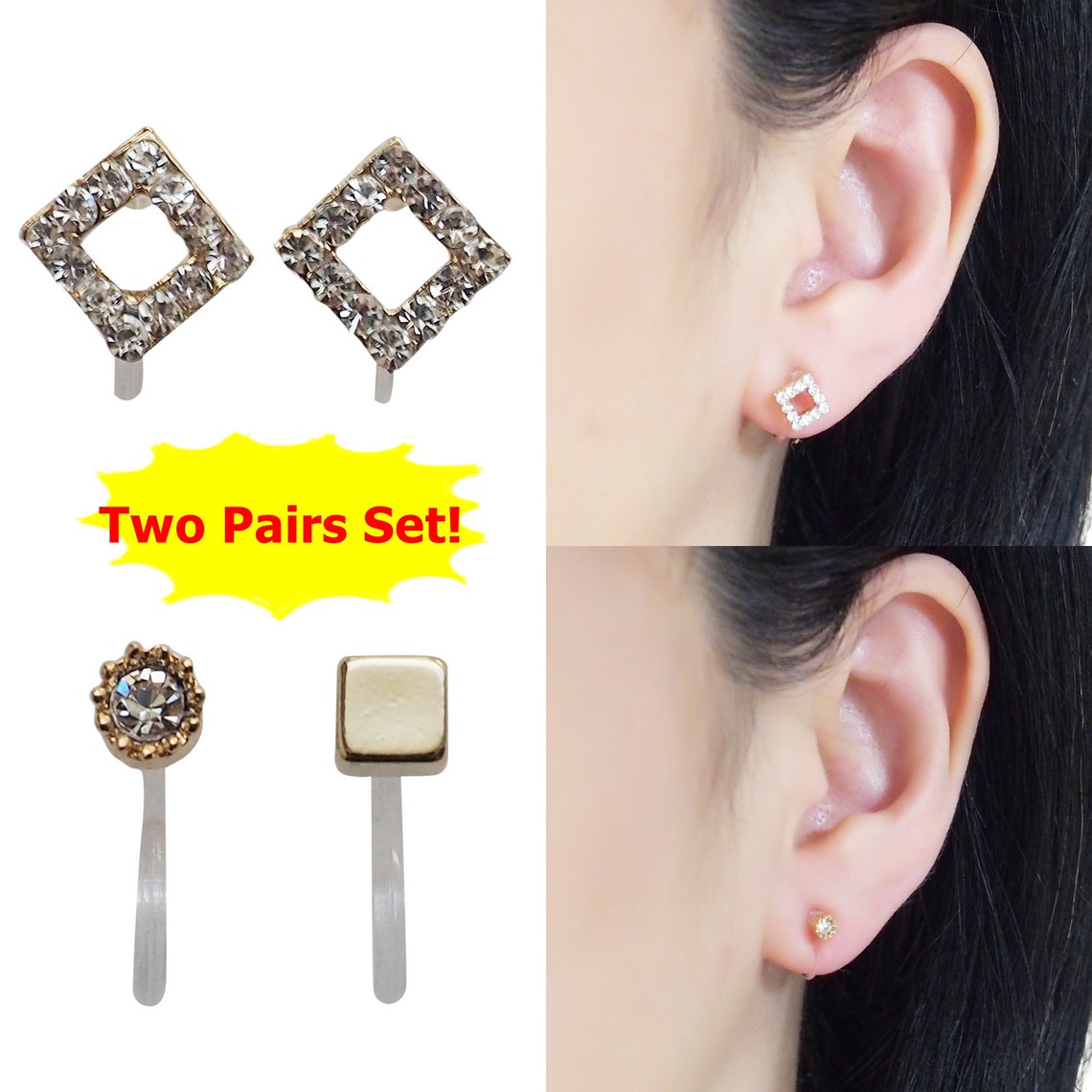 Square Rhinestone Invisible Clip On Earrings Simple Tiny Etsy