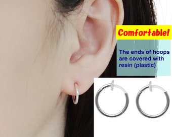 Comfortable silver plastic invisible clip-on hoop earrings, men’s BTS hoops clip on earrings, non pierced earrings, fake earrings for men