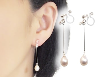 Freshwater pearl clip on earrings, silver clip on earrings dangle, invisible clip on earrings, pearl clip on earrings, bridal, wedding