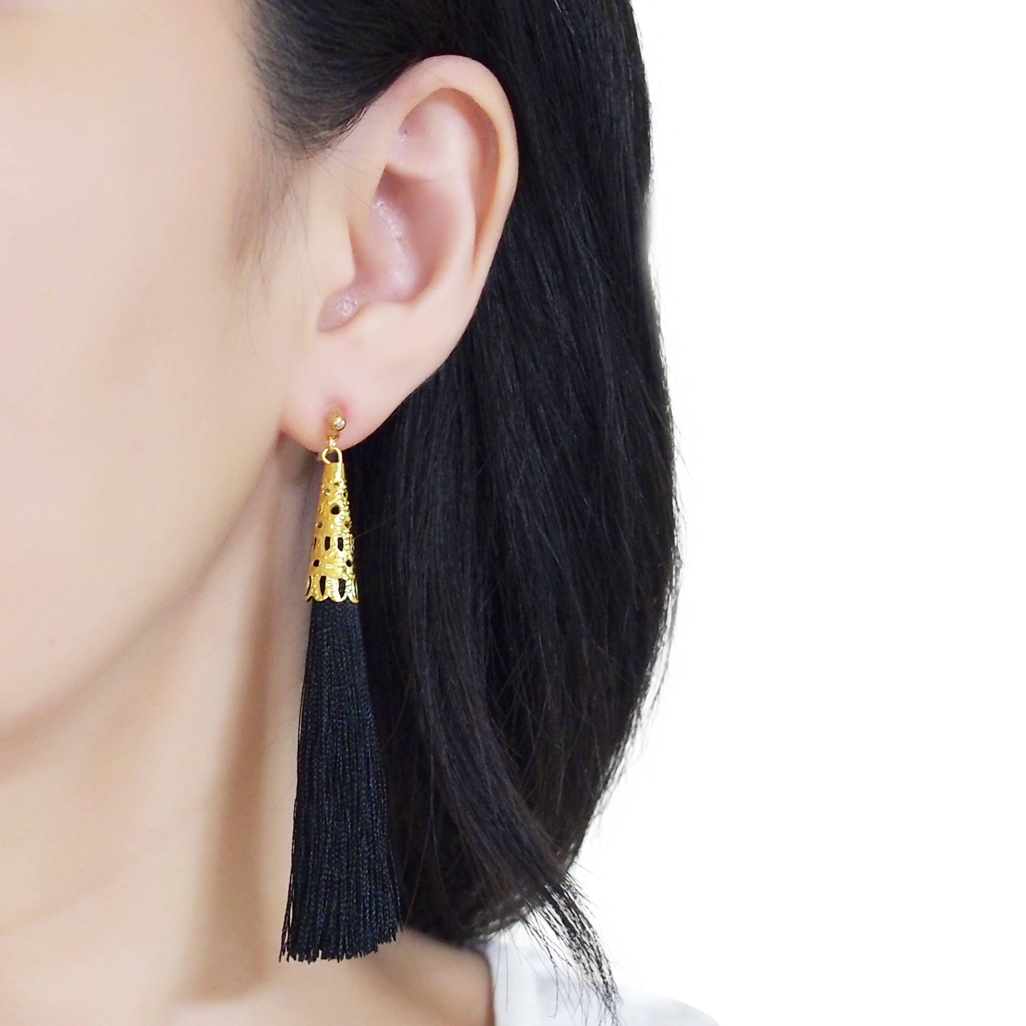 Black clip on earrings tassel fringe invisible clip on earrings dangle gold long Modern clip on earrings non pierced earrings