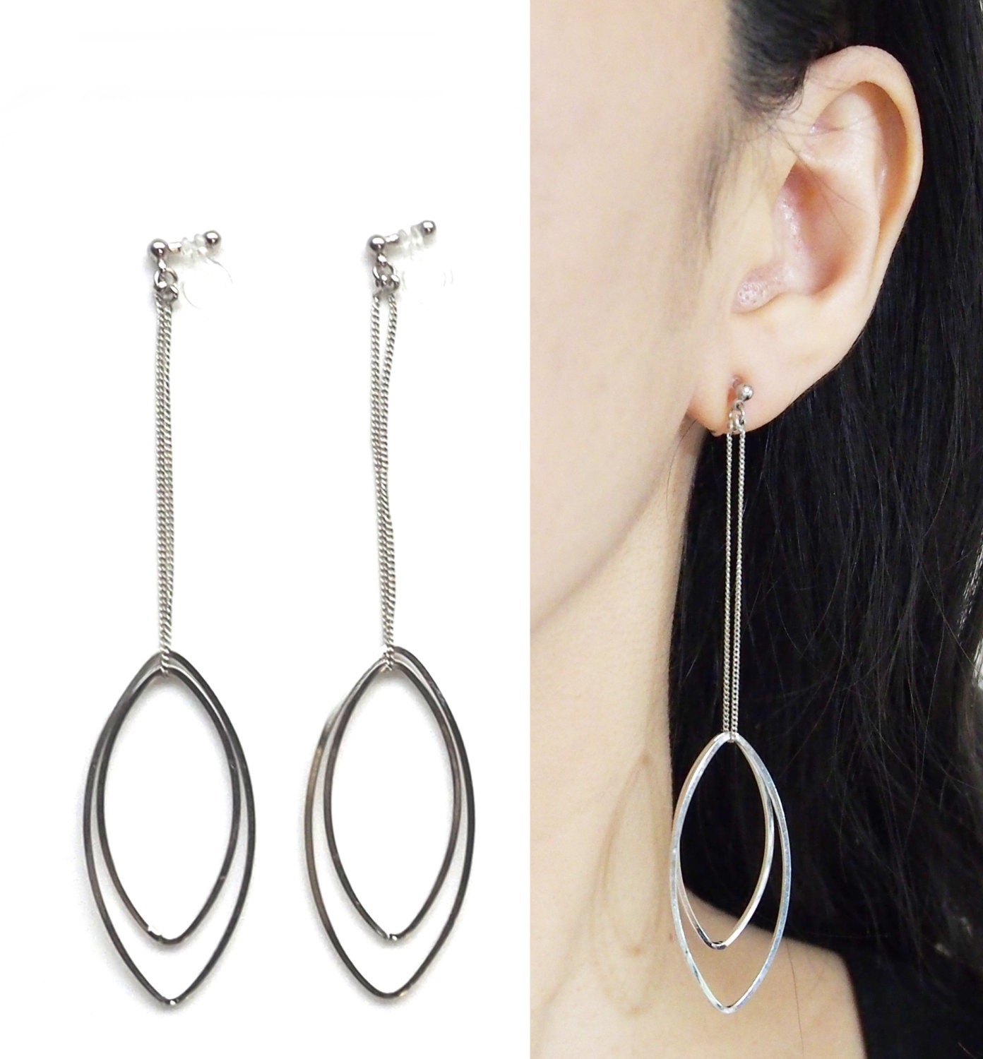 Silver Invisible Clip on Earrings,dangle Hoops Oval Clip on
