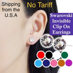 May include: A clear, round Swarovski crystal clip-on earring is shown on an ear. The image includes the text "Swarovski Invisible Clip On Earrings" and a color palette of red, black, white, green, blue, navy, pink, brown, and purple.