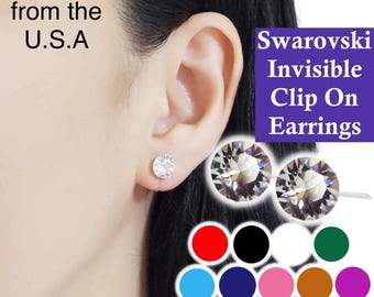 Invisible Clip On Earrings, Swarovski Crystal Clip On Stud Earrings, Rhinestone Non Pierced Earrings