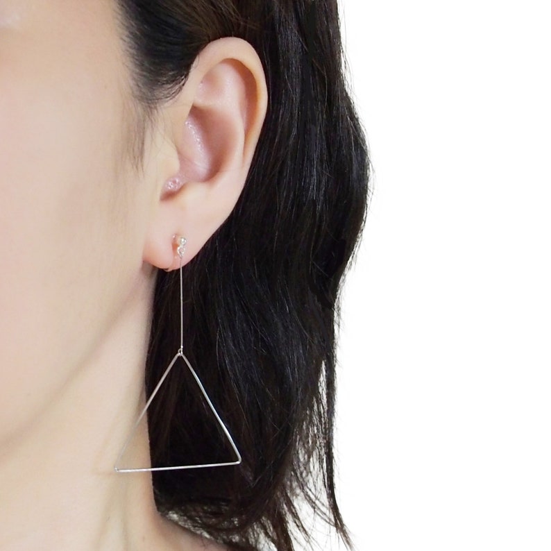 Silver clip on hoop earrings large triangle hoops invisible clip on earrings dangle long lightweight clip earrings, non pierced earrings image 2