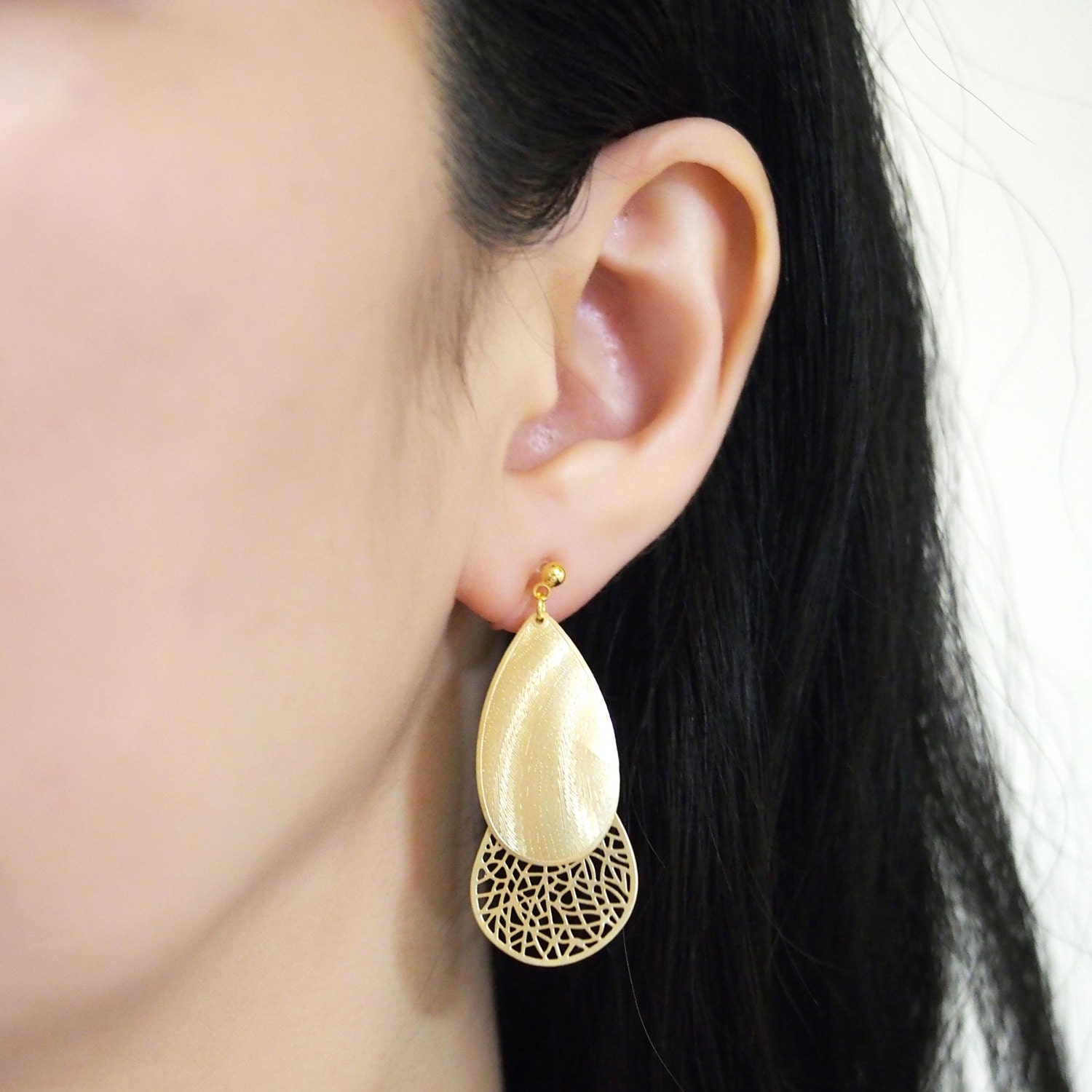 Dangle Clip on Earrings, Invisible Clip on Earrings, Gold