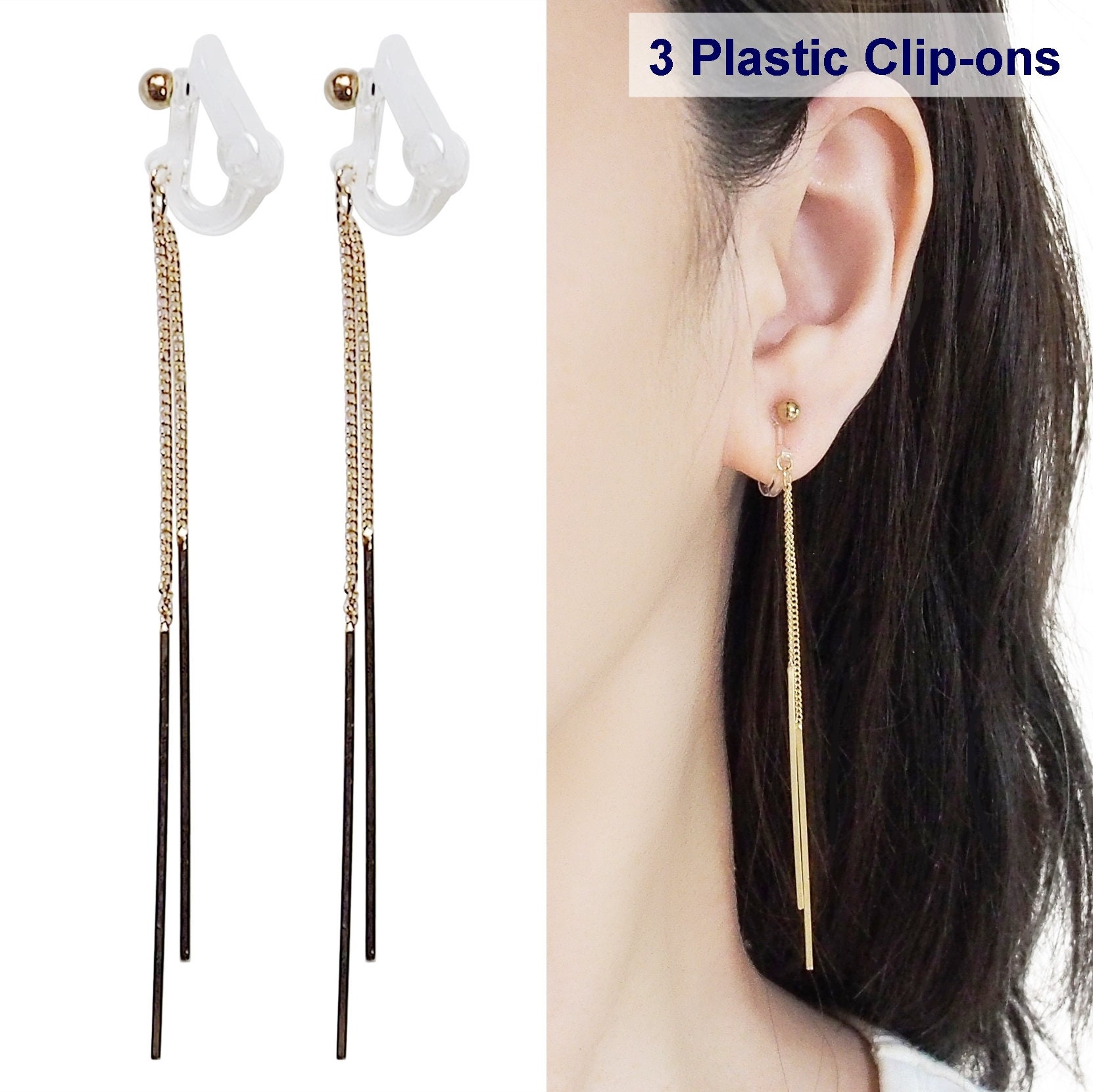 Invisible Clip on Earrings Dangle Gold Bar - Etsy
