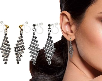 Pendientes colgantes con clip Pendientes de clip invisibles con diamantes de imitación de cristal dorado-No perforantes-Pendientes de clip cuadrados cómodos-Sin dolor-Plata