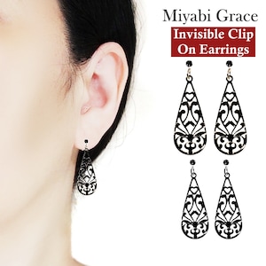 Pendientes colgantes de filigrana invisibles con clip, pendientes colgantes de oro con clip, pendientes sin perforar, pendientes de encaje con forma de lágrima para mujer