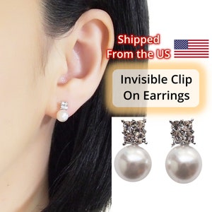 Pendientes de clip, pendientes de clip invisibles de perla, pendientes de clip de perla para novia, pendientes de clip de cristal plateado para boda