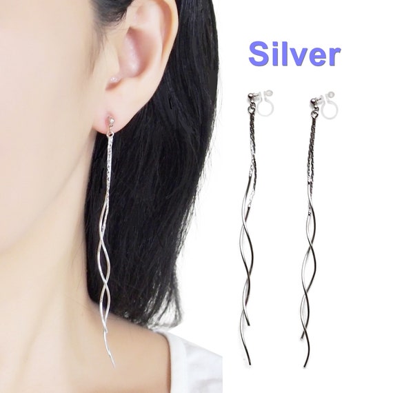 Long Invisible Clip on Hoop Earrings Dangle Silver Chain Clip on Earrings  White Pearl Clip Earrings Non Pierced Earrings - Etsy