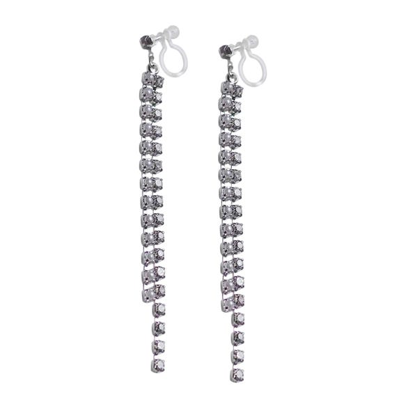 Orecchini A Clip 3 Catenine In Cristallo, Colore Argento, Non Forati, Con Scatola Regalo