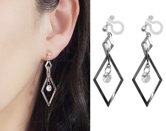 Silver hoop clip on earrings, invisible clip on earrings, non pierced earrings, CZ crystal drop clip on earrings dangle, cubic zirconia
