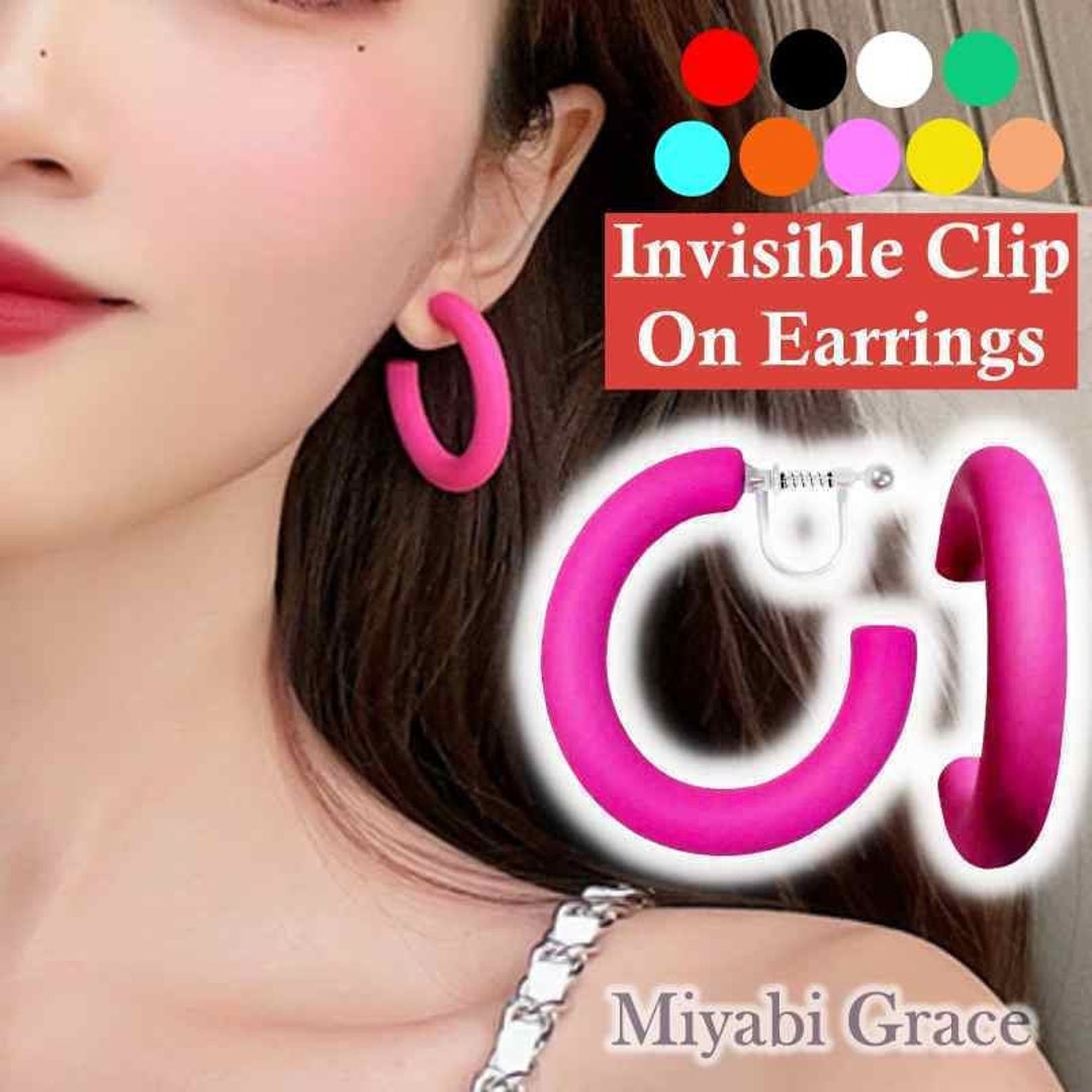 Pink Clip on Hoop Earrings, Chunky 40mm Thick Hoop Invisible Clip on