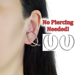 Silver Ear Cuff Earrings, Silver Ear Cuffs, Double Hoop Clip On Earrings, Comfortable Clip Earrings for Mask, Non Pierced Earrings
