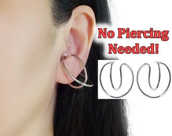 Silver Ear Cuff Earrings, Silver Ear Cuffs, Double Hoop Clip On Earrings, Comfortable Clip Earrings for Mask, Non Pierced Earrings
