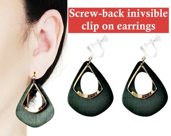 Green Wood Clip On Earrings Dangle, Gold Hoop Invisible Clip On Earrings, Non-Pierced Earrings, Black Clip-On Earrings, Red Wood Earrings