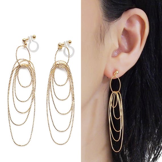 Boucles D'oreilles Créoles Longues à Clips - Noires Et Dorées Avec Perles - Neuf Sans Emballage
