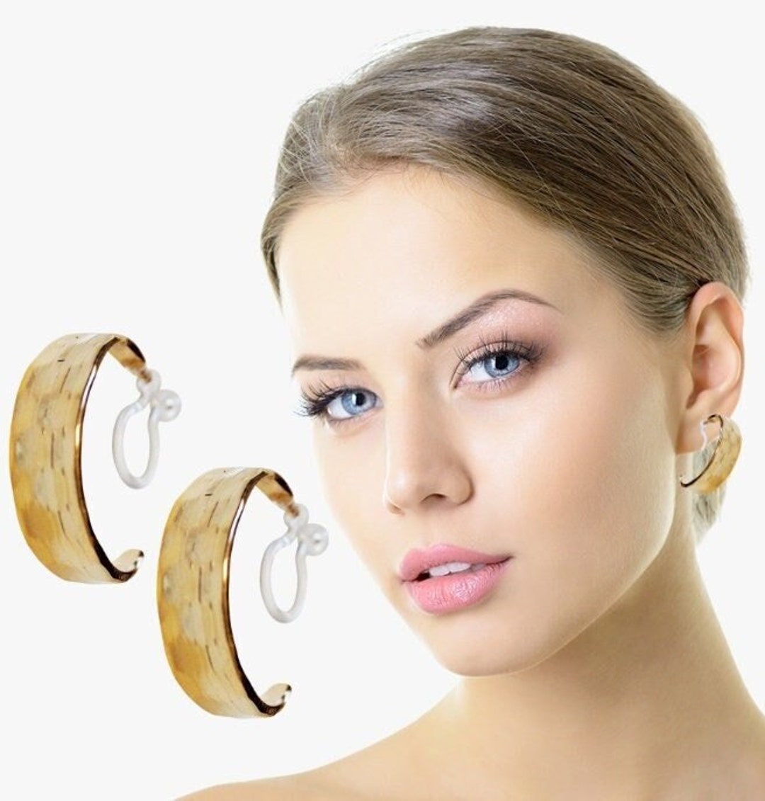 Gold Invisible Clip on Hoop Earrings 20 Mm Textured Hoop Clip Etsy