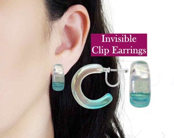 Clear Chunky Invisible Clip On Hoop Earrings, Crystal Clear Blue Huggie Hoop Clip On Hoop Earrings, Non Pierced Earrings, Birthday Gift