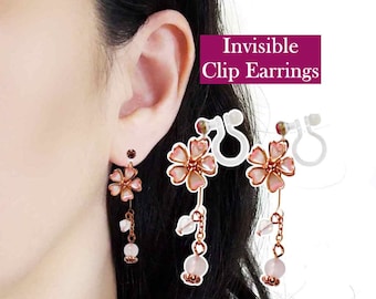 Cherry Blossoms Invisible Clip On Earrings, Dangle Pink Flower Clip On Stud Earrings, Elegant Sakura Non Pierced  Clip On Stud Earrings
