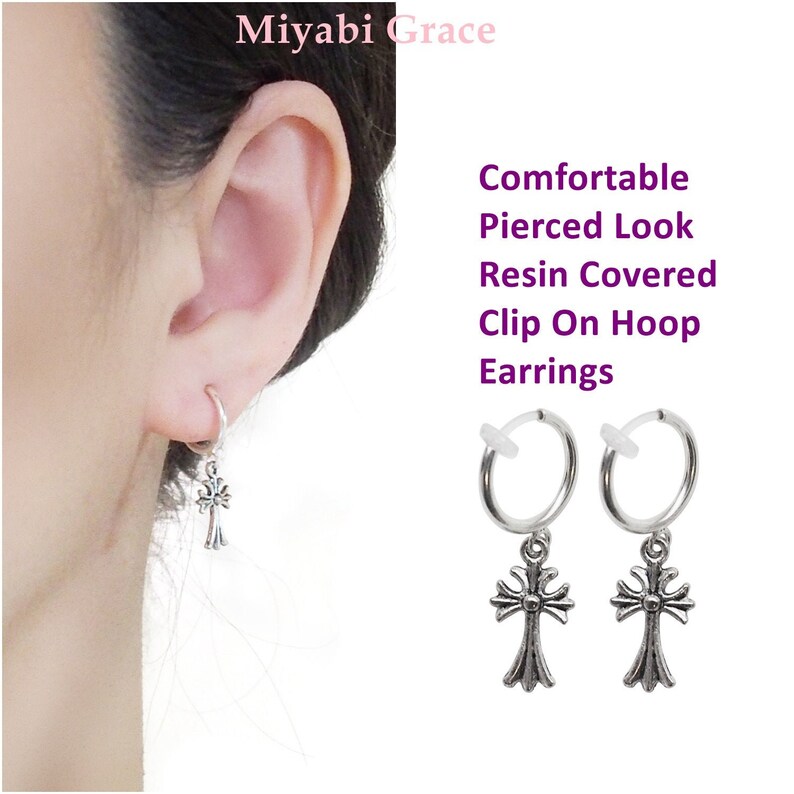 Comfortable Cross Clip On Earrings Silver Clip On Hoop Etsy