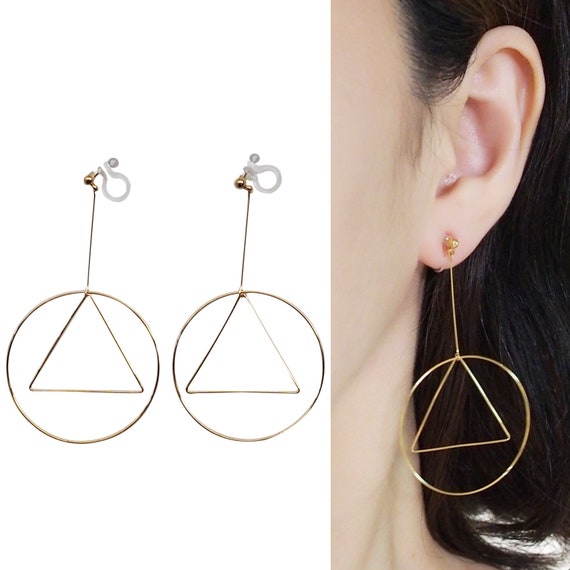 Geometric Clip on Earrings Dangle. Invisible Clip on Hoop Earrings