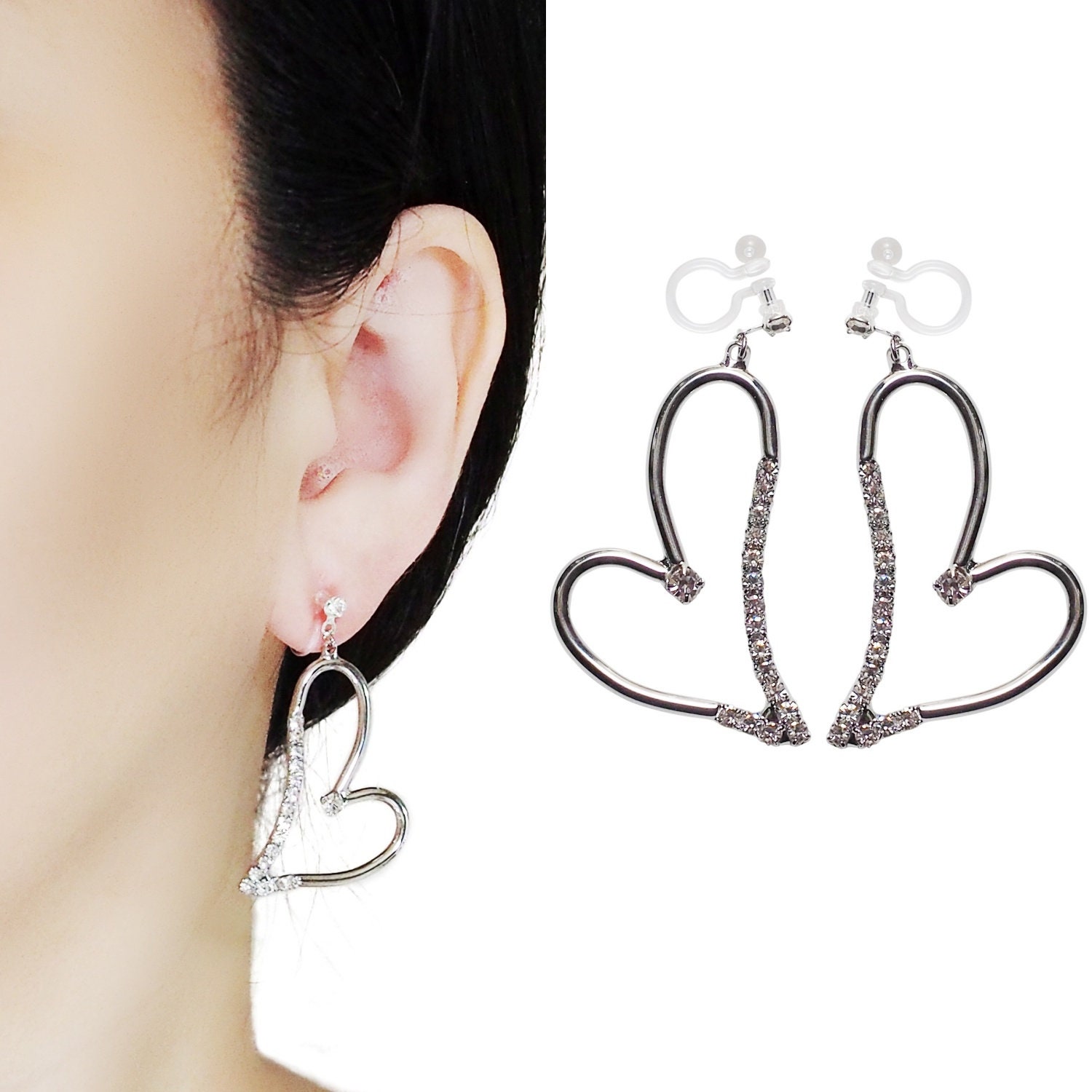 Silver Heart Clip on Earrings Dangle, Silver Crystal