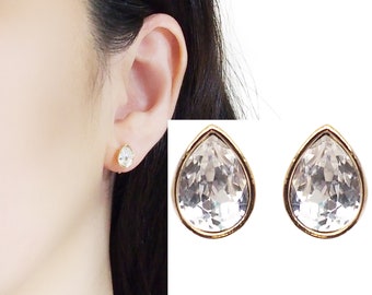 Cubic zirconia invisible clip on earrings,bridal crystal clip on earrings stud,gold teardrop cz clip on stud earrings,non pierced earrings