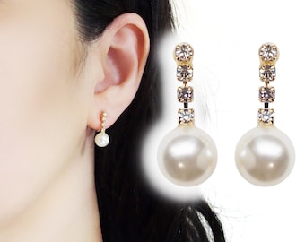 White pearl clip on earrings–bridal crystal invisible clip on earrings–non pierced earrings–wedding dangle gold rhinestone clip on earrings