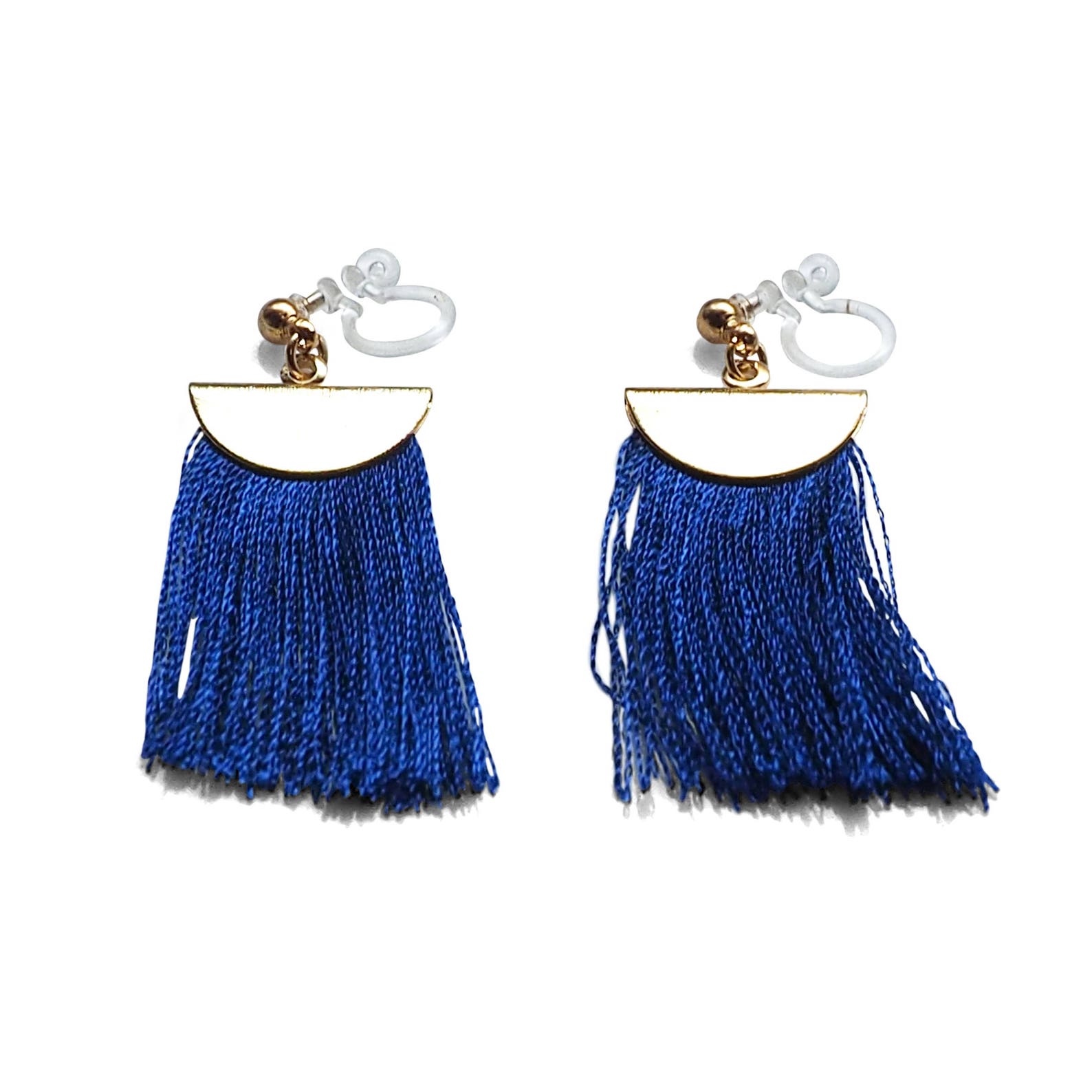 Royal blue tassel clip on earrings dangle invisible clip on Etsy