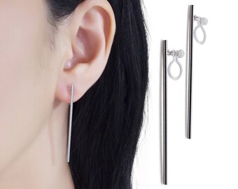 Stick clip on earrings, silver invisible clip on earrings, non pierced earrings, long bar clip earrings, comfortable clip on stud earrings