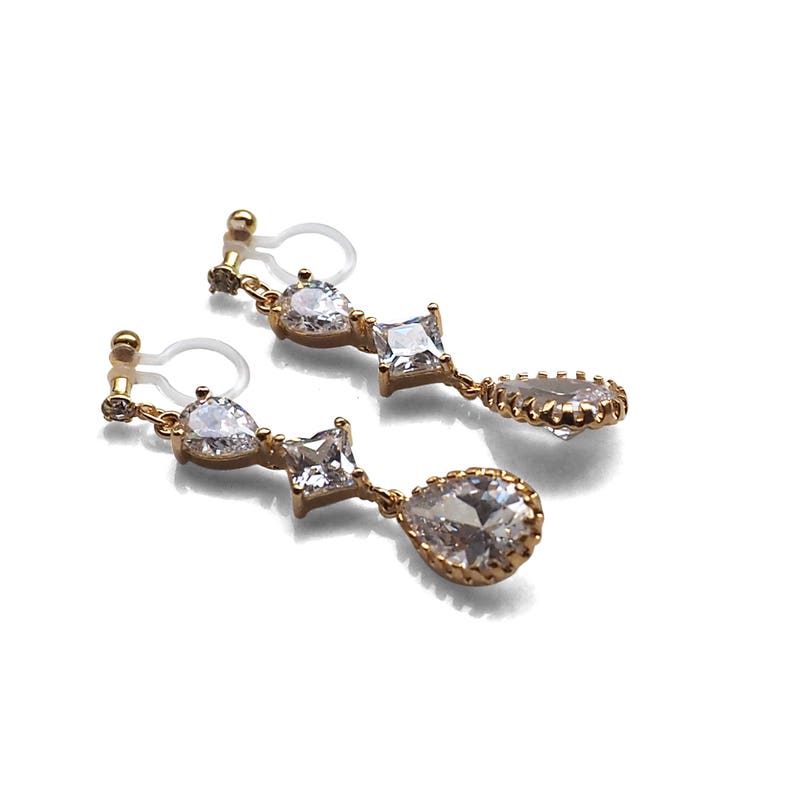 Clip On Earrings For Non Pierced Ears - Cubic Zirconia Crystal Dangle Earrings, 14K Gold Plated, 2.5 Inch