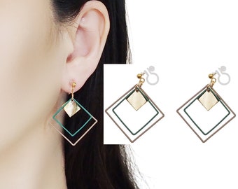 Square Green Hoop Invisible Clip On Earrings Dangle, Gold Square Charm Clip On Earrings, Non Pierced Earrings, Geometric Beige Clip Earrings