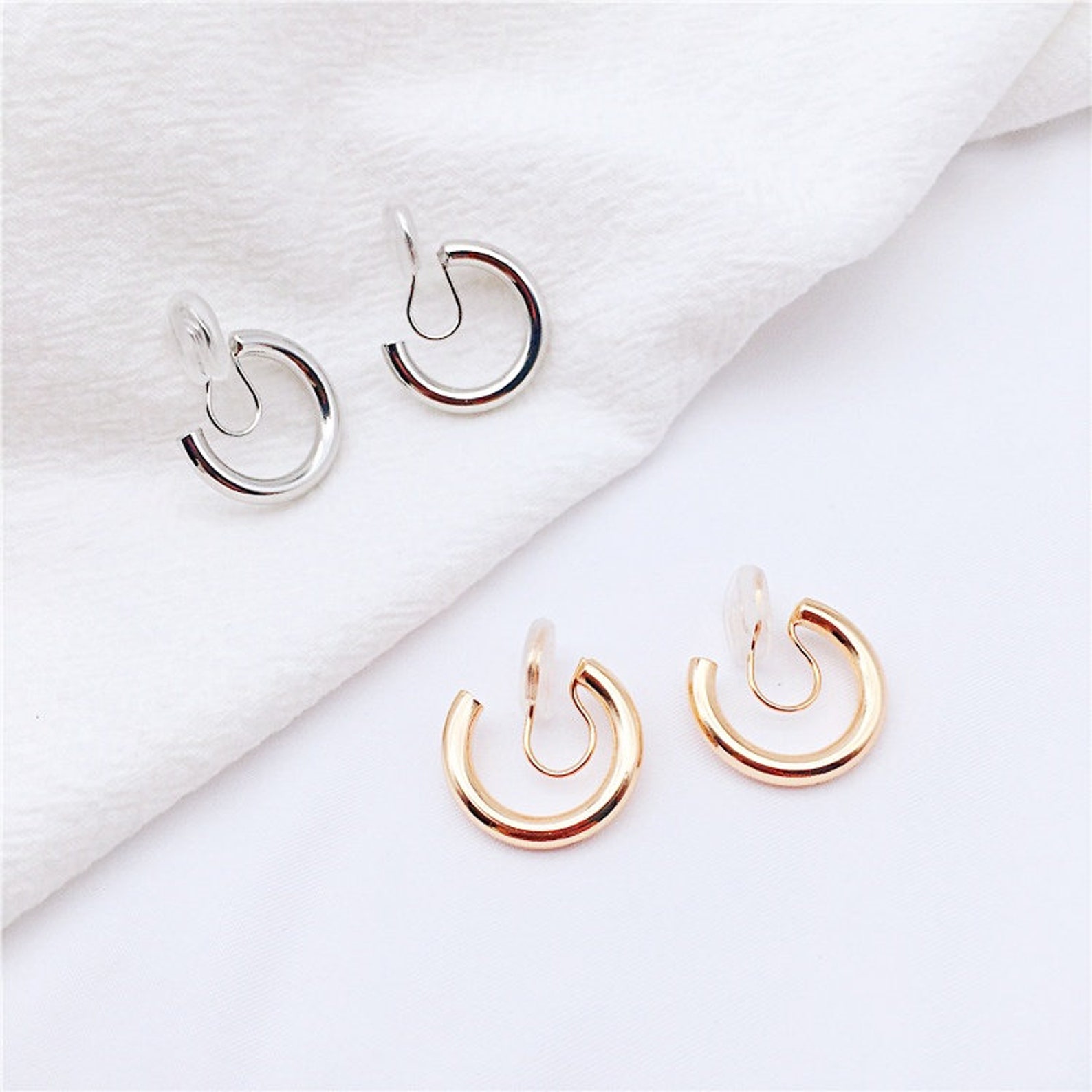 Gold Clip on Hoop Earrings Thick Silver Huggie Hoop Spiral - Etsy