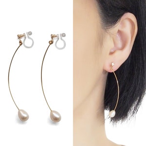 Clip di perle d'acqua dolce su orecchini, clip invisibile pendenti su orecchini di perle, clip a barre d'oro su orecchini, non forata, clip da sposa su orecchini