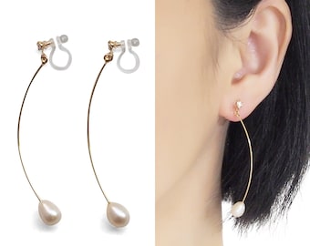 Clip de perlas de agua dulce en pendientes, clip invisible colgante en pendientes de perlas, clip de barra de oro en pendientes, sin perforar, clip de novia en aretes