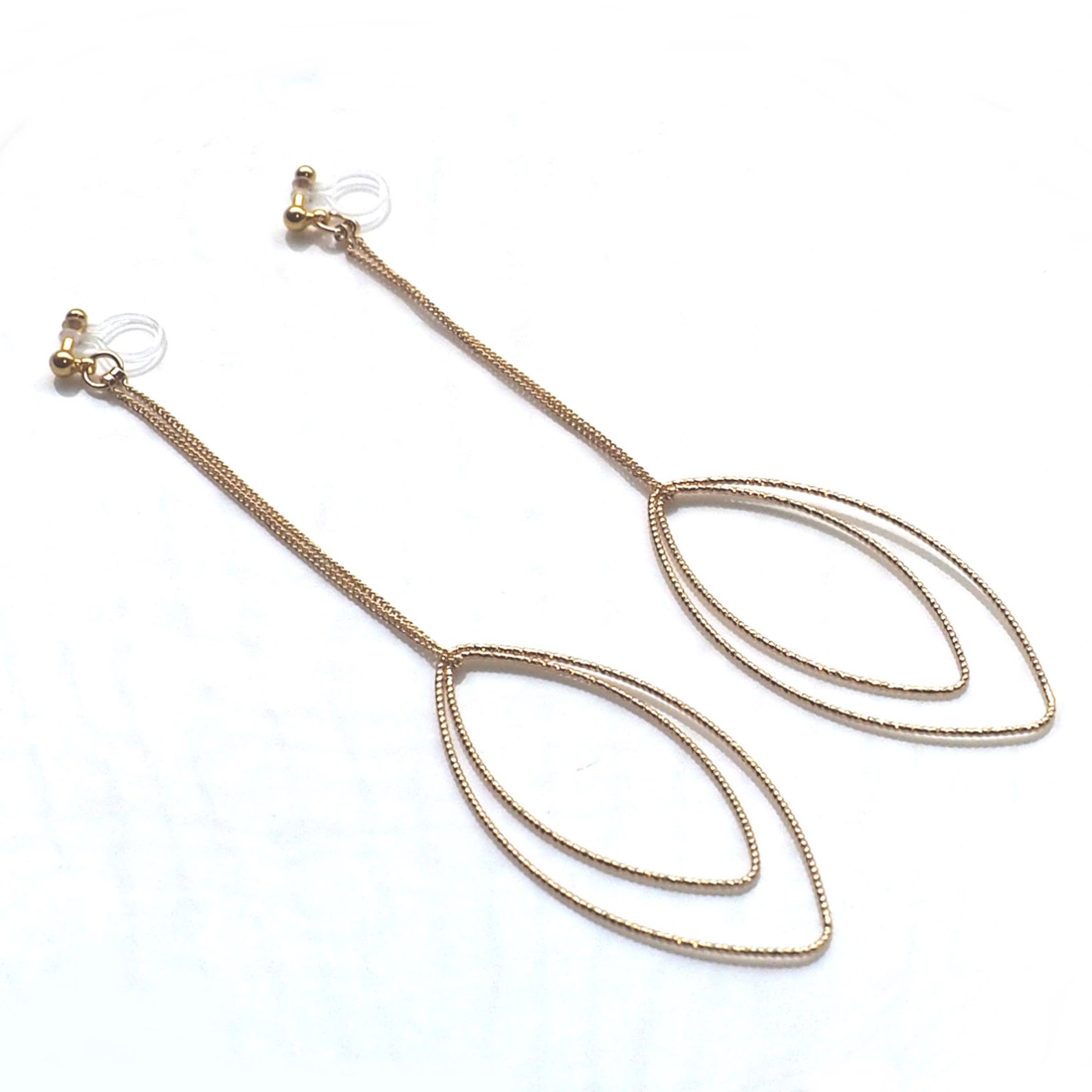 Gold Clip on Hoop Earrings Dangle Long Chain Hoops Invisible Etsy