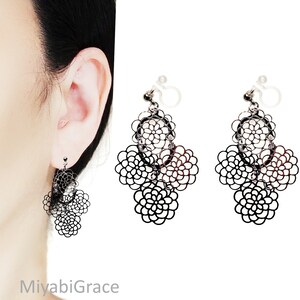 Silber Blume Filigrane Unsichtbare Clip On Baumeln Ohrringe, Lange Clip On Tropfen Ohrringe, Nicht durchbohrte Ohrringe, Clip-On Ohrringe für Frauen