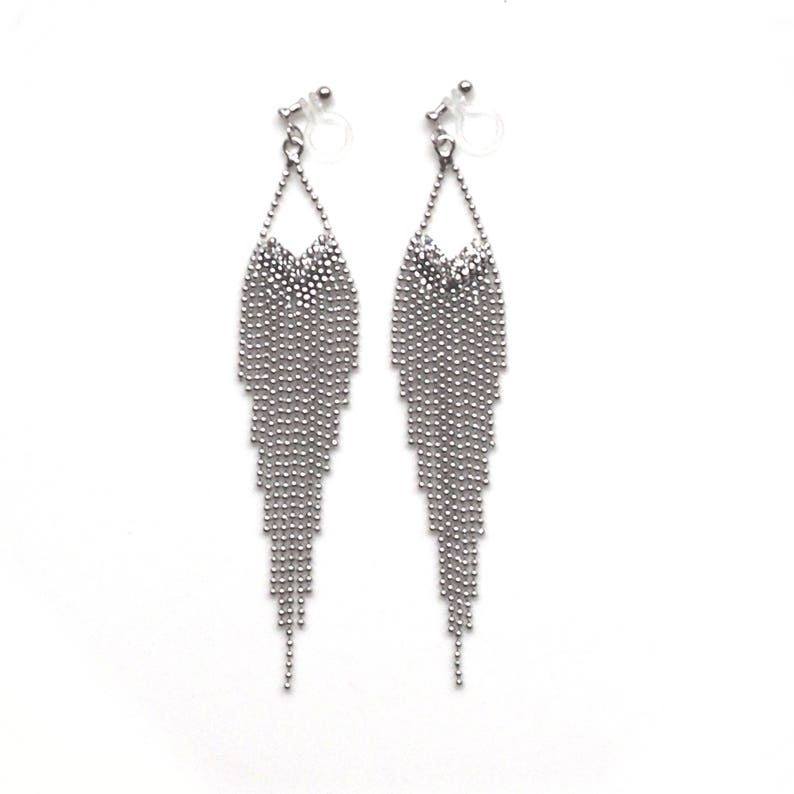 invisible clip on earrings non pierced earrings Silver fringe clip on earrings long chain clip on earrings dangle clip on earrings