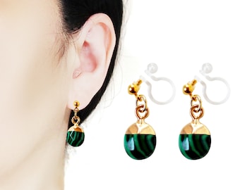 Dangle Malachite Green Black Gemstone Gold tone Invisible Clip On Earrings, Non Pierced Earrings, Comfortable Pierced Look Clip On Earrings