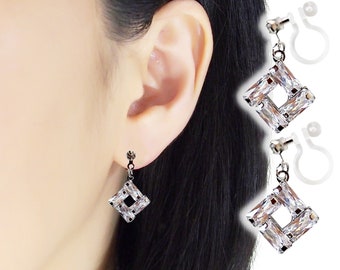 Dangle Silver Square Cubic Zirconia CZ Crystal Invisible Clip On Earrings, Non Pierced Earrings, Comfortable Pierced Look Clip On Earrings