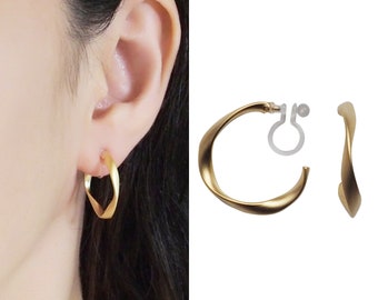 Gold clip on hoop earrings, hoops clip on earrings, invisible clip on earrings,non pierced earrings, gold twisted clip-on earrings hoop