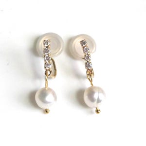 Dangle Freshwater Pearl Clip On Earrings, Bridal White Pearl Clip Earrings, Comfortable Cubic Zirconia Clip Earrings for Bride Women Crystal